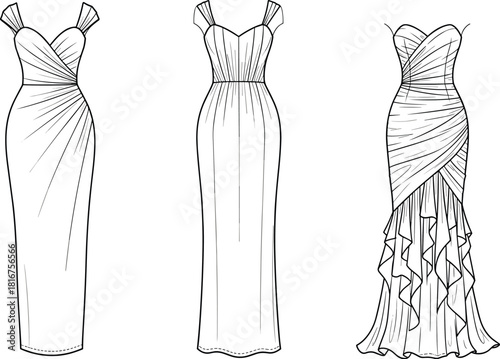Evening gowns technical drawing set, various elegant formal dresses, fashion flat sketches, apparel design, women's special occasion wear, glamorous, sophisticated, vector, illustration, blueprint.