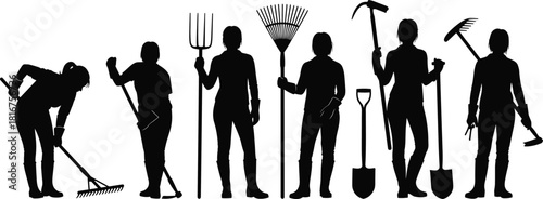 Gardeners with tools silhouettes set, various poses, raking, digging, hoeing, working, farming, agriculture, landscaping, outdoor, nature, black, vector, illustration, graphic, dynamic.