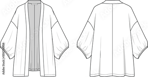 Kimono jacket technical drawing, front and back views, fashion flat sketch, women's outerwear design, casual, loose fit, bohemian, stylish, versatile, vector, illustration, garment, blueprint, modern.