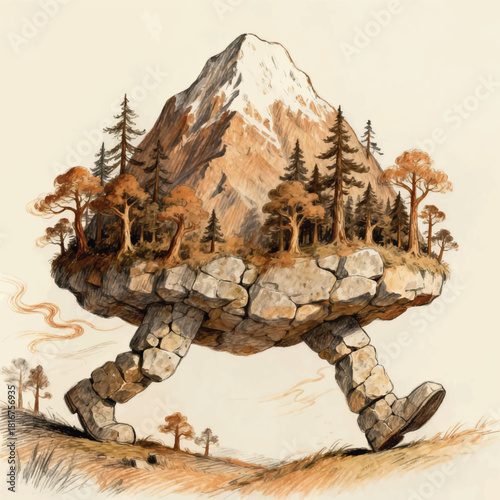 Illustration Of A Large Mountain With Rocky Legs, Carrying A Forest On Its Back, Trees Growing Vector Design Template
