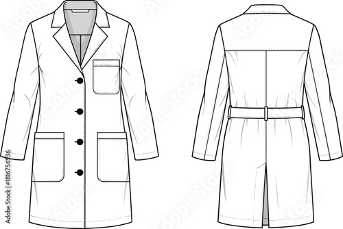 Lab coat drawing, front and back views, fashion flat sketch, uniform design, medical apparel, doctor, scientist, healthcare, professional, protective, vector, blueprint, garment, illustration.