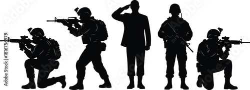 Military soldier silhouettes set, armed forces, army, combat, tactical gear, rifles, helmets, salute, protection, strength, patriotism, black, vector, illustration, graphic, dynamic.