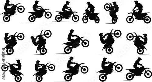 Motocross riders silhouettes set, dirt bikes, stunts, jumps, extreme sport, adventure, thrill, speed, competition, active, dynamic, black, vector, illustration, graphic, adrenaline, freedom.