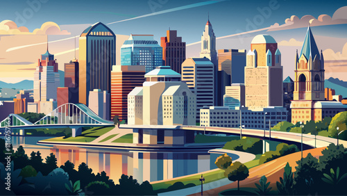 Very beautiful semi-realistic aerial vector view of Cincinnati, Ohio, showcasing the downtown skyline with modern high-rises, bridges over the Ohio River, and clean reflections, designed with smooth 