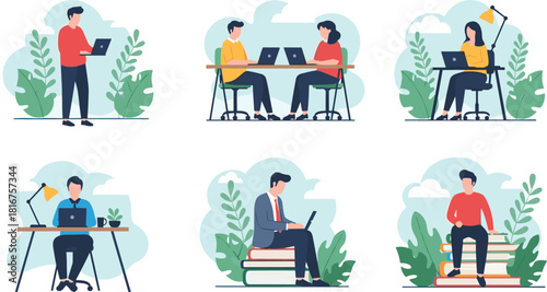 People working on laptops vector set, various poses and settings, remote work, office, study, freelancer, student, entrepreneur, productivity, technology, modern, illustration, graphic, creative.