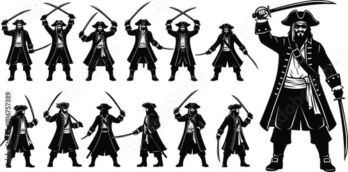 Pirate silhouettes set, swashbuckling characters with cutlasses, historical, adventure, fantasy, caribbean, buccaneer, treasure, sea, black, vector, illustration, graphic, dynamic.