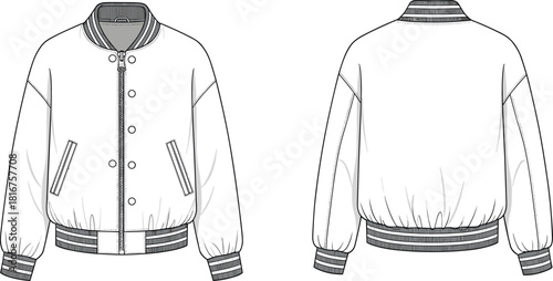 Varsity bomber jacket technical drawing, front and back views, fashion flat sketch, outerwear design, casual, sporty, collegiate, streetwear, classic, vector, illustration, garment, blueprint, trendy.