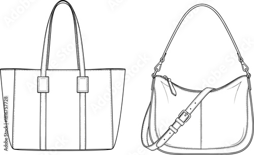 Women's handbags technical drawing set, tote bag and shoulder bag, fashion flat sketches, accessory design, elegant, stylish, classic, modern, vector, illustration, blueprint, product, leather.