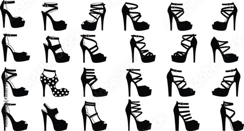 Women's high heel shoes silhouettes set, various styles, platforms, sandals, fashion footwear, elegant, stylish, glamorous, party, vector, illustration, graphic, collection, modern, feminine.