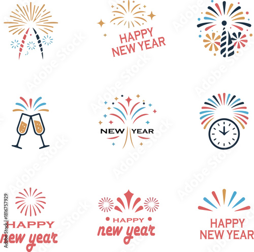 Happy new year fireworks clebration logo vector white background .