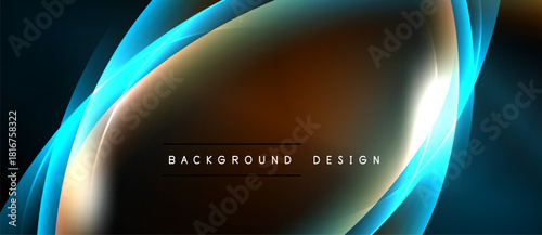 Abstract design features flowing blue light curves over dark brown background. Central bright spot adds visual interest. Simple, modern aesthetic.