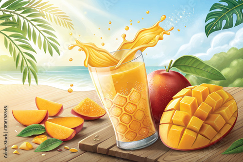 Tropical Mango Juice Splash with Fresh Mango Slices ? Exotic Beachside Drink Illustration.eps