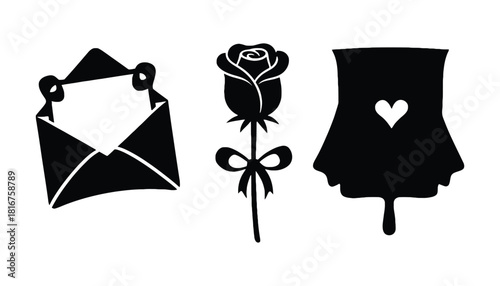 Black silhouettes of an envelope, rose, and dress on a white background