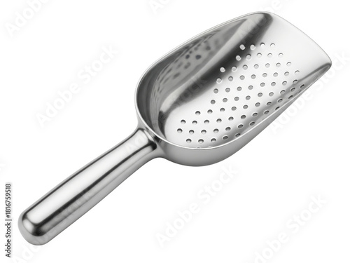 Stainless steel perforated ice scoop for bar or kitchen use on a transparent background