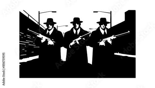 Gangsters with guns illustration black and white vector art