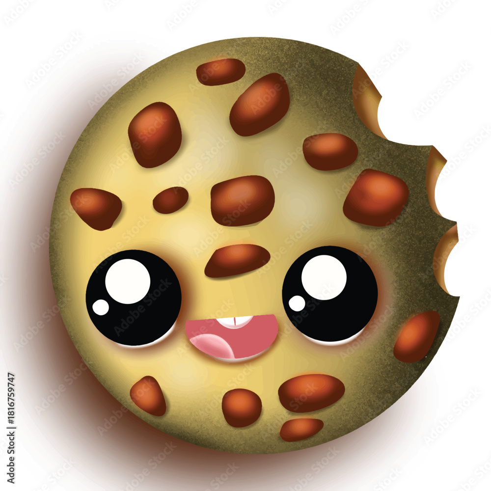 Fototapeta premium Cute cookie character illustration with a bite taken out a fun cartoon vector for kids perfect for food-related designs and childrens books