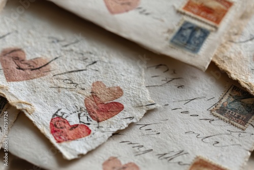 Vintage Love Letters: A close-up shot of old love letters with heart designs, stamps and antique paper, evoking feelings of nostalgia, romance, and the enduring power of written words.