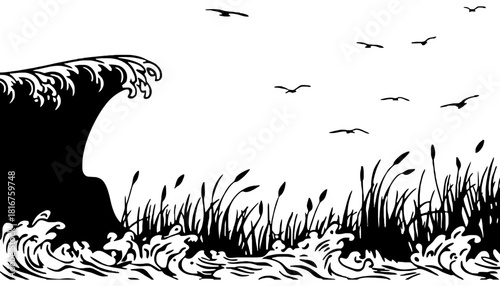 Black and white ocean wave with birds flying over marsh reeds