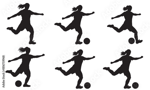Dynamic female soccer player kicking ball silhouette series