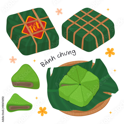 Traditional Vietnamese holiday dishes for Lunar New Year (Tet). Sticky rice cakes with meat wrapped in banana leaf, banh chung.	