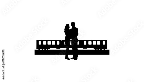 Silhouette couple train station travel black and white vector