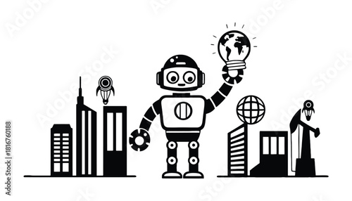 Robotics innovation future technology and city vector graphic