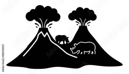 Volcano eruption with rhino silhouette vector illustration