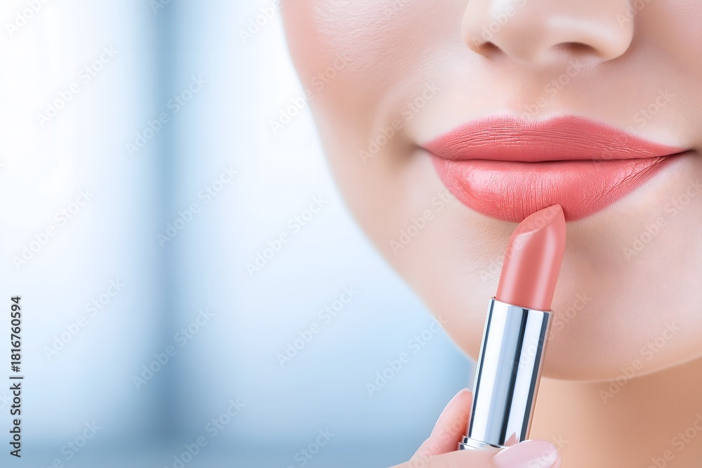 Obraz premium Close-up of a woman applying soft pink lipstick to her lips, showcasing beauty and makeup artistry with a blurred background enhancing the focus on her lips and the cosmetic product