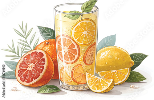 Fresh Fruit-Infused Water with Ice and Citrus Slices ? Wellness and Summer Refreshment Image.eps