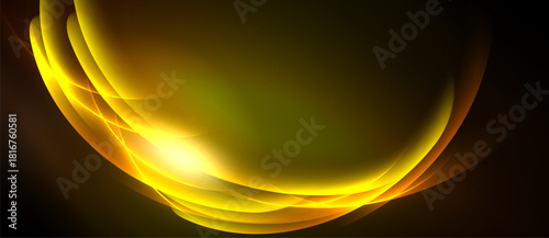 Abstract golden waves radiate from bright center. Dark background emphasizes luminous curves, creating dynamic visual effect.