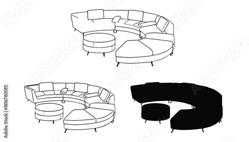Three illustrations of a sectional sofa with ottoman in different colors