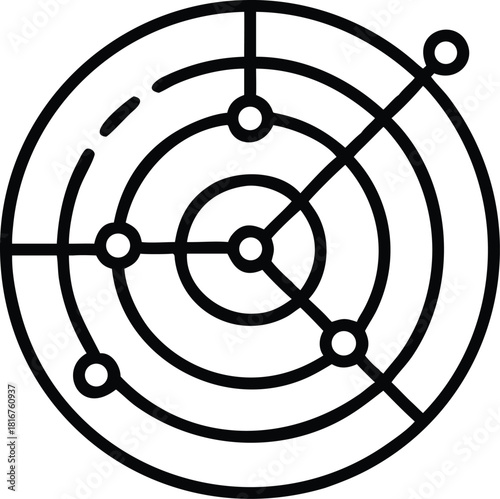 Radar chart icon in clean line art style showing a multi-axis data visualization diagram used for network tracking, market comparison, performance analysis, metrics, and analytical dashboard graphics