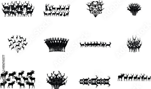 Collection of Deer and Moose Silhouettes with Reflections Keywords: deer, silhouette, moose