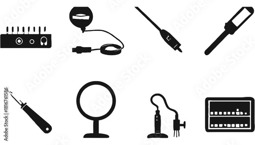 An illustration of various tools and devices in black and white style