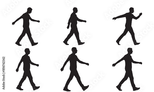 Collection of six human figures in silhouette walking animation frames silhouette