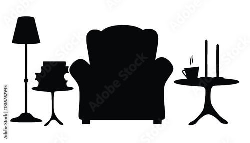 Armchair reading lamp and coffee table silhouette illustration