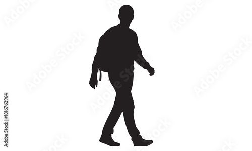 A solitary figure walking with a backpack in a minimalist silhouette style