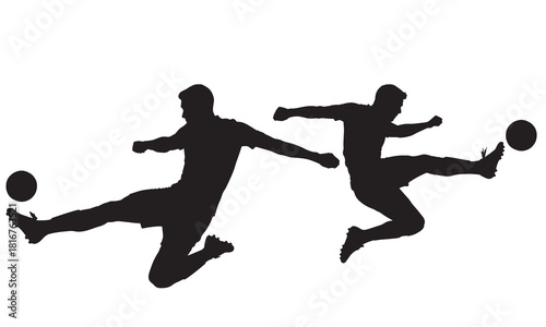 Dynamic silhouette of two soccer players in mid air kicking a ball