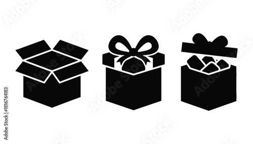 Three black box icons showing open empty gift and gift with bow and items