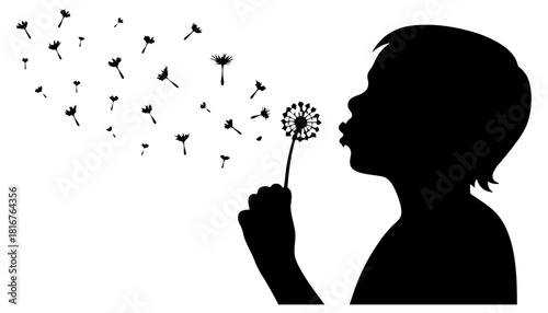 Silhouette of child blowing dandelion seeds vector graphic