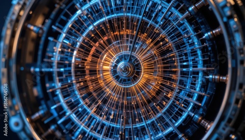 Futuristic technology background with intricate circular details and vibrant lighting displays