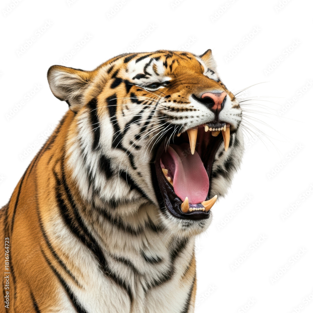 Fototapeta premium Tiger roaring in jungle wildlife vibrant environment isolated on transparent background