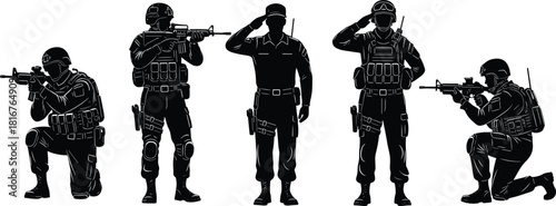 Soldier silhouette illustration set, tactical poses, black vector, military gear, armed forces design, combat stance, salute artwork