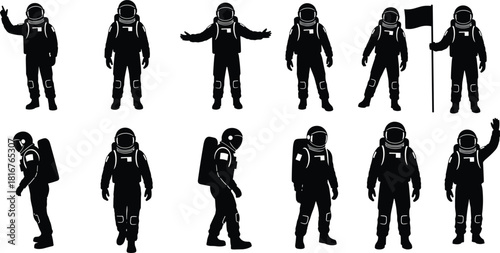 Astronaut silhouette illustration set, space suit poses, black vector, cosmic theme, exploration gesture, science artwork, NASA style