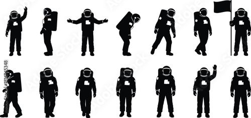 Astronaut silhouette illustration set, space suit poses, black vector, cosmic theme, exploration gestures, science artwork, NASA style