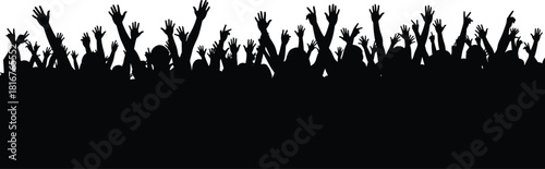 Cheering crowd silhouette illustration, raised hands, black vector, celebration pose, unity gesture, concert theme, excitement artwork