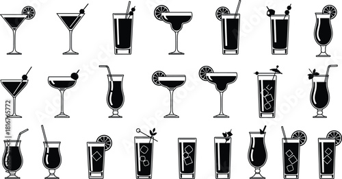 Cocktail glass illustration set, drinkware styles, black vector, garnish details, mixology theme, bar design, beverage artwork