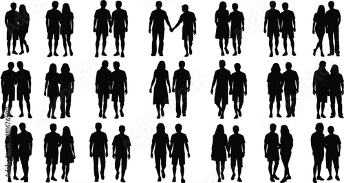 Couple silhouette illustration set, walking and standing poses, black vector, relationship theme, human interaction, social artwork