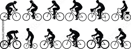 Cyclist silhouette set, people riding bicycles in various poses, bike rider collection for sport, commuting, fitness, vector outline design
