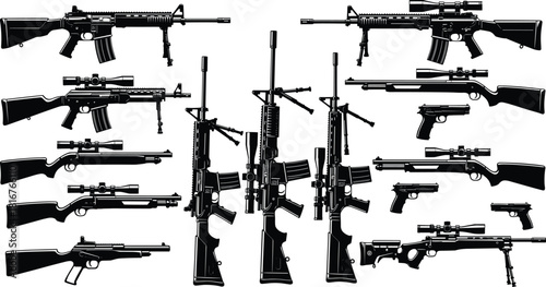 Firearm silhouette illustration set, rifles and handguns, black vector, weapon design, military gear, tactical theme, gun artwork